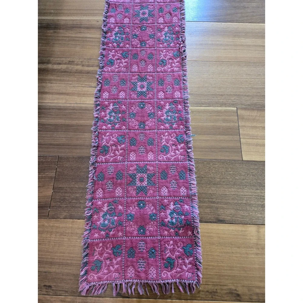 Vintage Woven Christmas Table Runner Reversible Pink Green Santa Fringe 70in